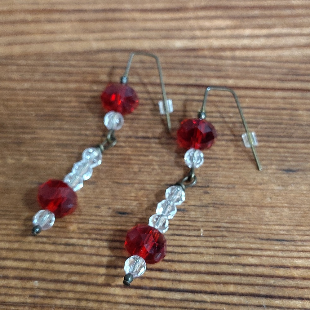 **5 For $20*** Ladies Red and Clear Long Clear Beaded Dangle Earrings, Handmade